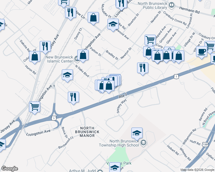 map of restaurants, bars, coffee shops, grocery stores, and more near 4703 North Oaks Boulevard in North Brunswick Township