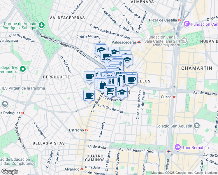 map of restaurants, bars, coffee shops, grocery stores, and more near 1 Calle de Alonso Castrillo in Madrid