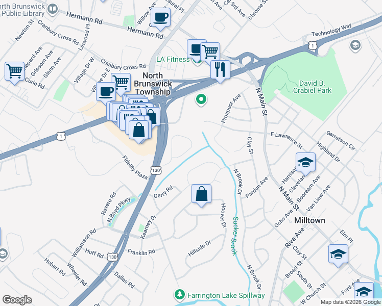 map of restaurants, bars, coffee shops, grocery stores, and more near 27 Mount Drive in North Brunswick Township