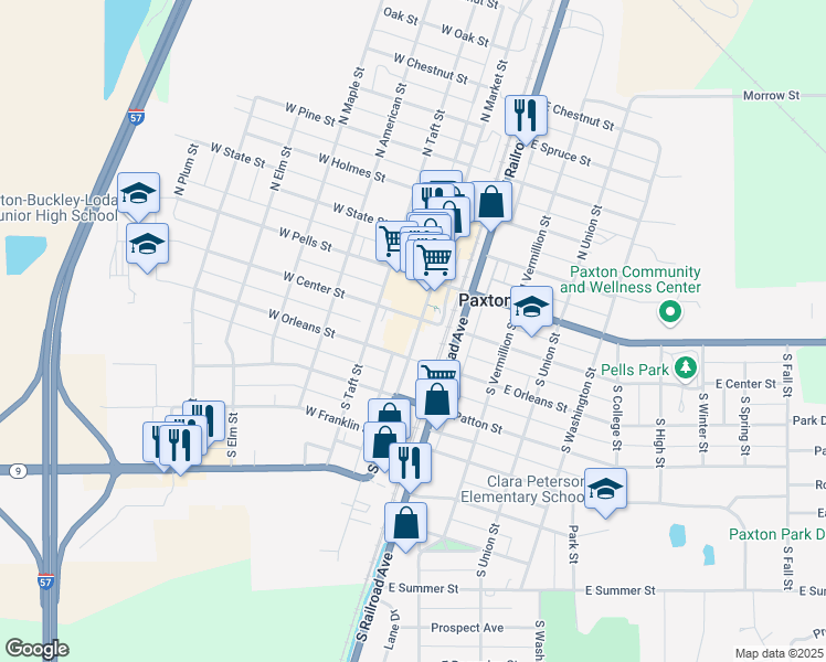 map of restaurants, bars, coffee shops, grocery stores, and more near 216 South Market Street in Paxton
