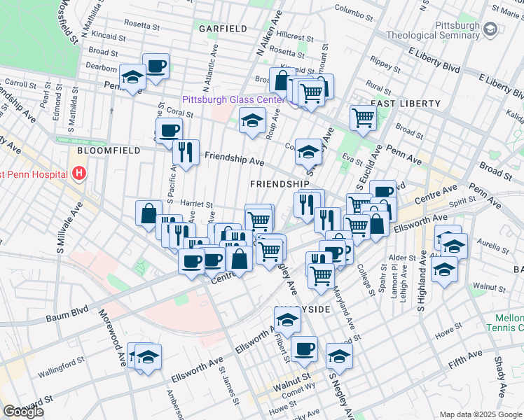 map of restaurants, bars, coffee shops, grocery stores, and more near 375 South Fairmount Street in Pittsburgh