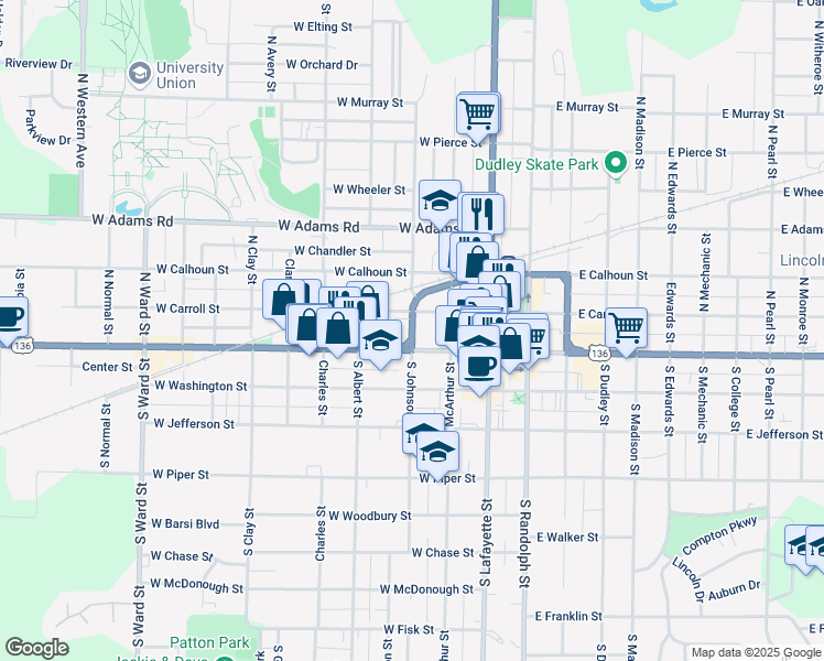 map of restaurants, bars, coffee shops, grocery stores, and more near 128 Chicago - Kansas City Expressway in Macomb