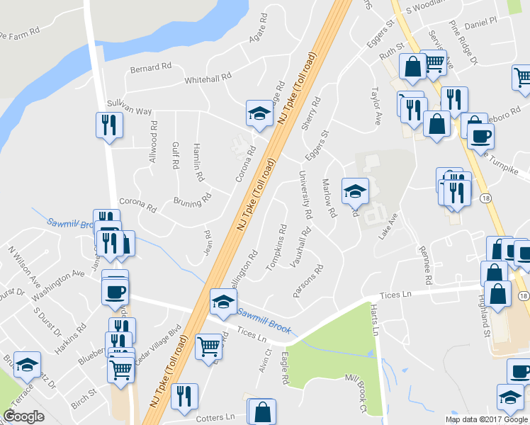 map of restaurants, bars, coffee shops, grocery stores, and more near 19 Wellington Road in East Brunswick