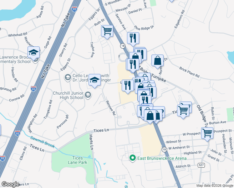 map of restaurants, bars, coffee shops, grocery stores, and more near 6 Lake Avenue in East Brunswick