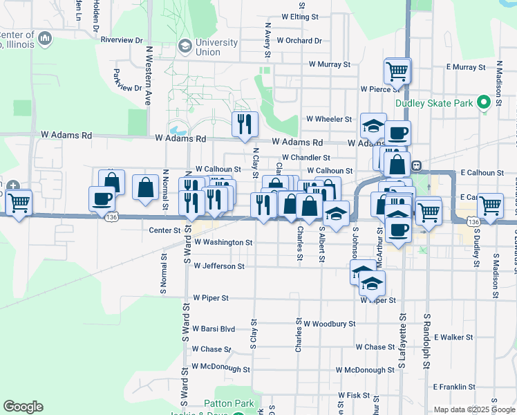 map of restaurants, bars, coffee shops, grocery stores, and more near 109 North Clay Street in Macomb