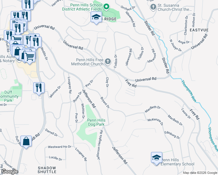 map of restaurants, bars, coffee shops, grocery stores, and more near 150 Clay Drive in Pittsburgh