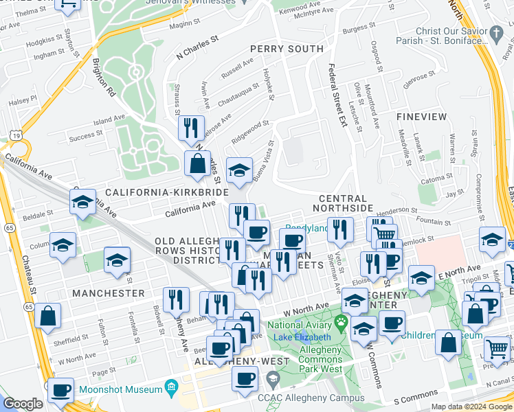 map of restaurants, bars, coffee shops, grocery stores, and more near 606 Redknap Street in Pittsburgh