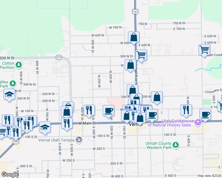 map of restaurants, bars, coffee shops, grocery stores, and more near 101 West 250 North in Vernal