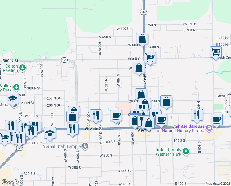 map of restaurants, bars, coffee shops, grocery stores, and more near 101 West 250 North in Vernal