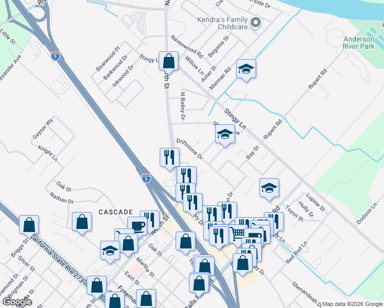 map of restaurants, bars, coffee shops, grocery stores, and more near 3220 Driftstone Drive in Anderson