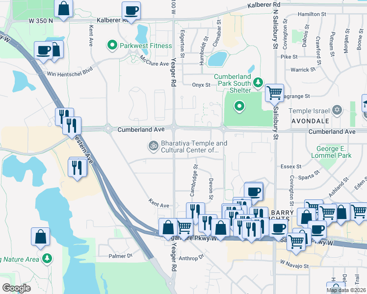 map of restaurants, bars, coffee shops, grocery stores, and more near 2907 Browning Street in West Lafayette
