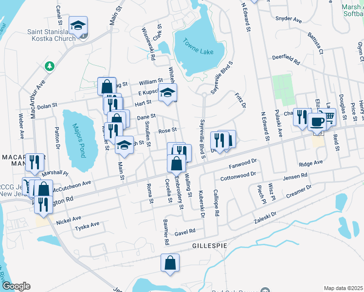 map of restaurants, bars, coffee shops, grocery stores, and more near 33 Smith Street in Sayreville