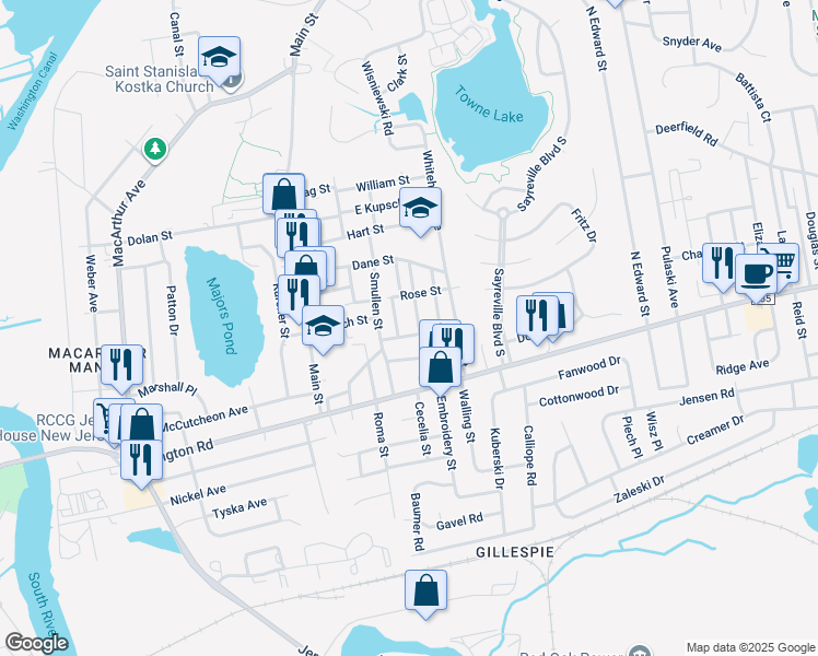 map of restaurants, bars, coffee shops, grocery stores, and more near 11 James Street in Sayreville