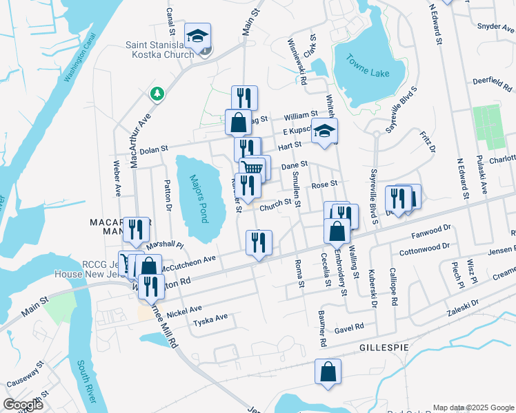 map of restaurants, bars, coffee shops, grocery stores, and more near in Sayreville