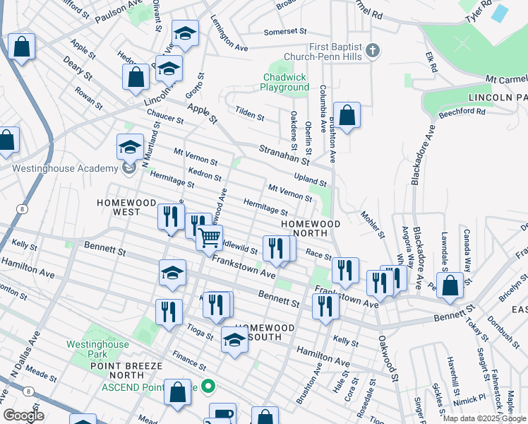 map of restaurants, bars, coffee shops, grocery stores, and more near 7306 Hermitage Street in Pittsburgh