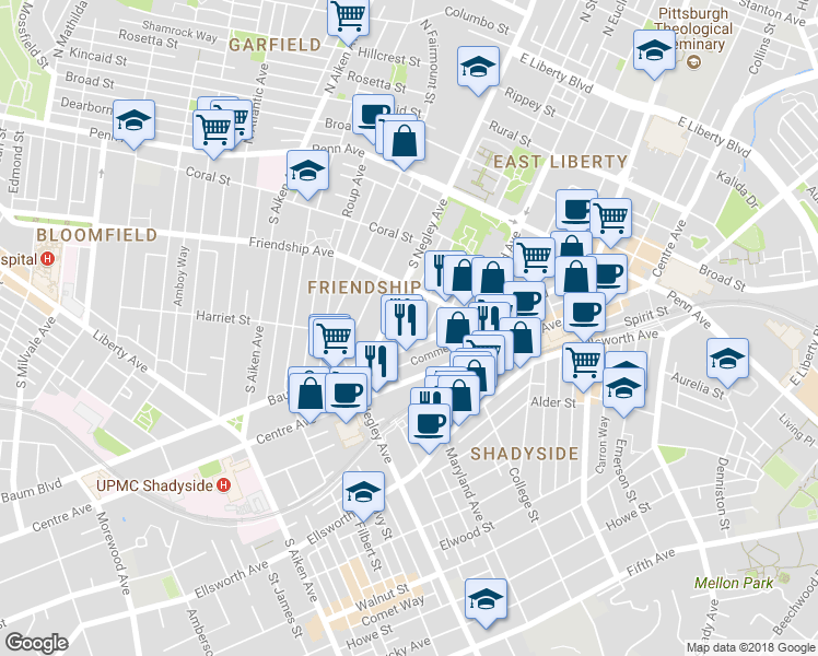map of restaurants, bars, coffee shops, grocery stores, and more near 328 Amber Street in Pittsburgh