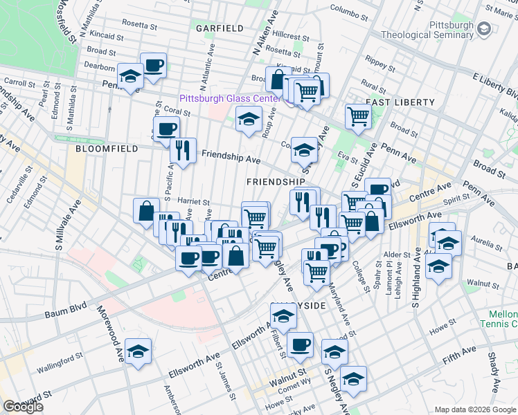 map of restaurants, bars, coffee shops, grocery stores, and more near 375 South Fairmount Street in Pittsburgh