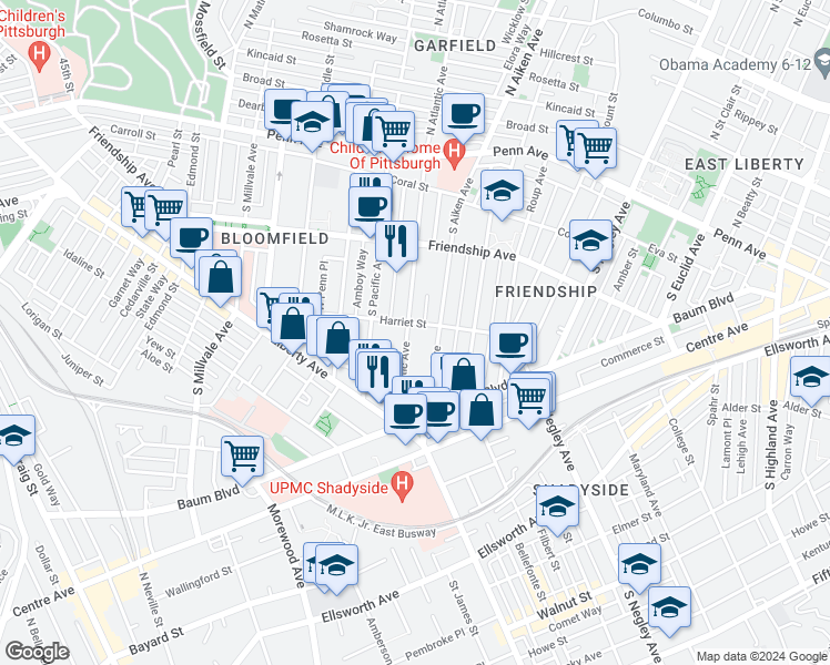 map of restaurants, bars, coffee shops, grocery stores, and more near 402 South Atlantic Avenue in Pittsburgh