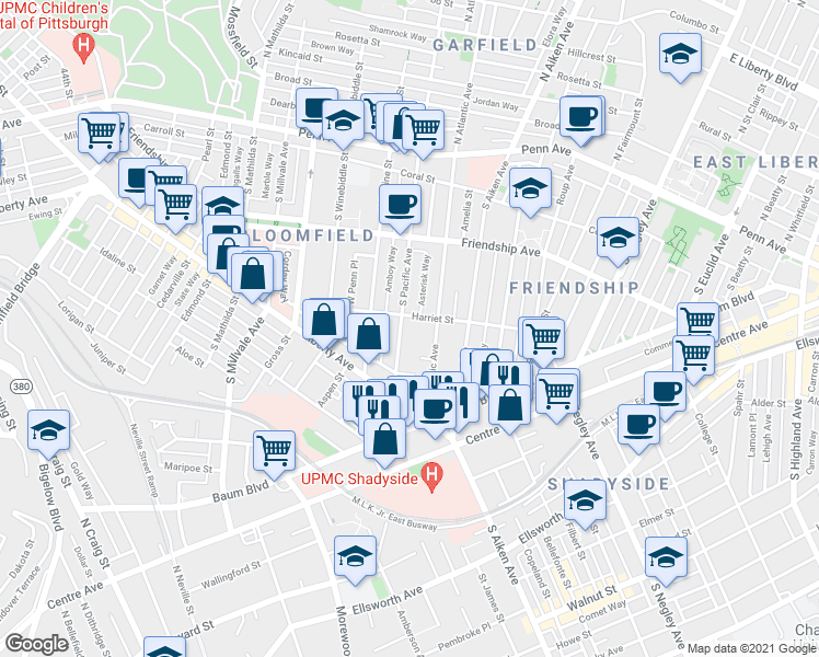 map of restaurants, bars, coffee shops, grocery stores, and more near 408 South Pacific Avenue in Pittsburgh