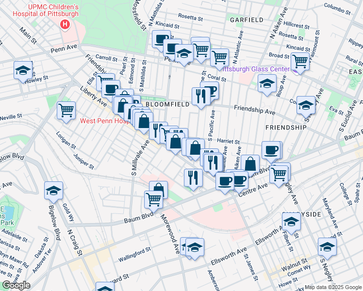 map of restaurants, bars, coffee shops, grocery stores, and more near 5110 Harriet Street in Pittsburgh