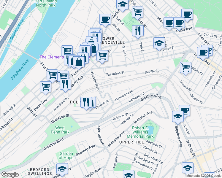 map of restaurants, bars, coffee shops, grocery stores, and more near 3404 Ruthven Street in Pittsburgh