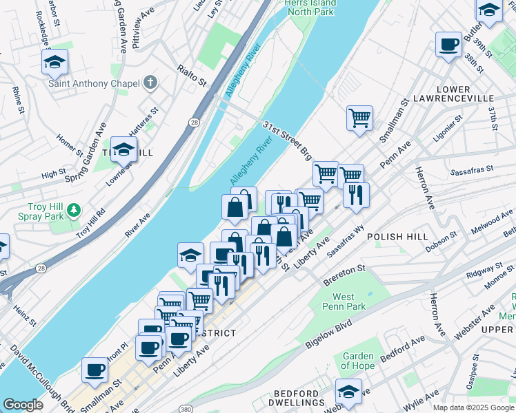 map of restaurants, bars, coffee shops, grocery stores, and more near 2600-2698 29th St in Pittsburgh