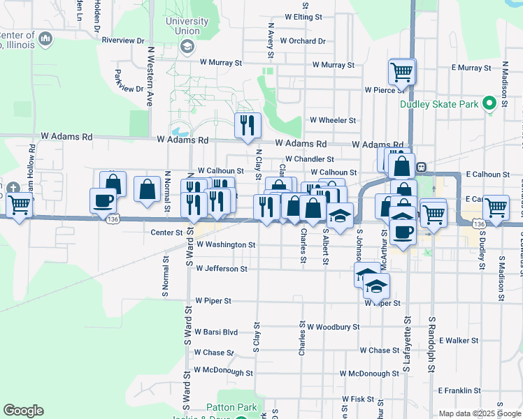 map of restaurants, bars, coffee shops, grocery stores, and more near 109 North Clay Street in Macomb