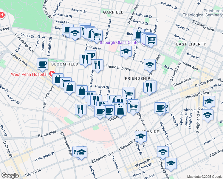map of restaurants, bars, coffee shops, grocery stores, and more near 401 South Aiken Avenue in Pittsburgh