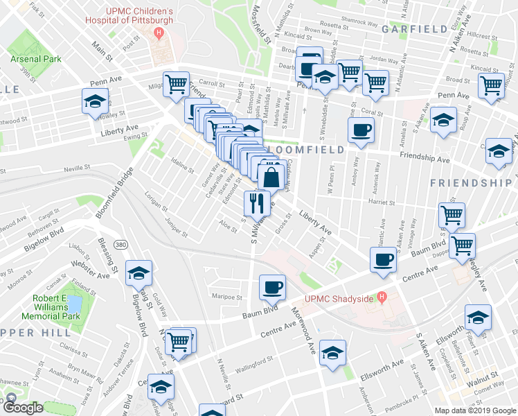 map of restaurants, bars, coffee shops, grocery stores, and more near 4816 Sciota Street in Pittsburgh