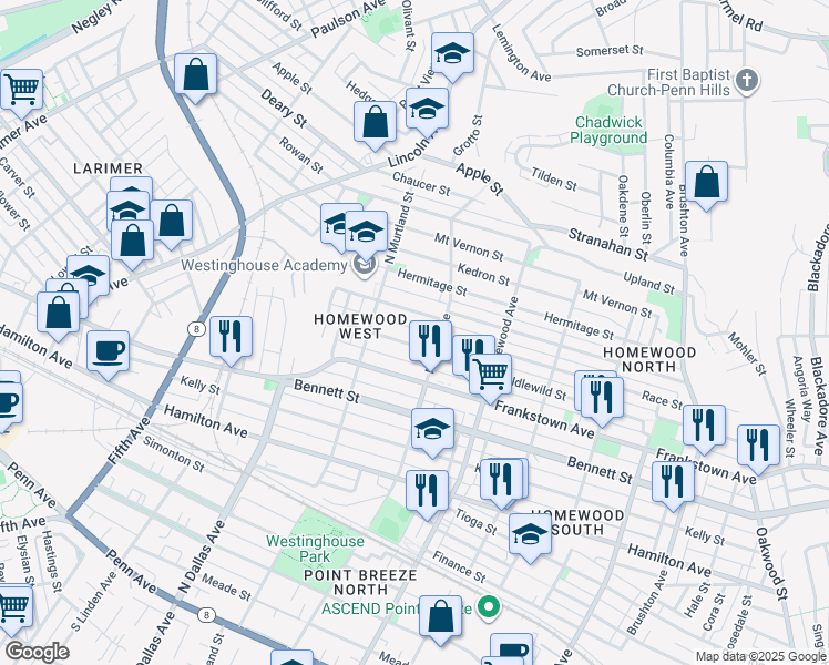 map of restaurants, bars, coffee shops, grocery stores, and more near 7040 Fielding Way in Pittsburgh