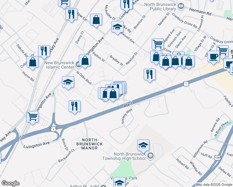 map of restaurants, bars, coffee shops, grocery stores, and more near 4703 North Oaks Boulevard in North Brunswick Township