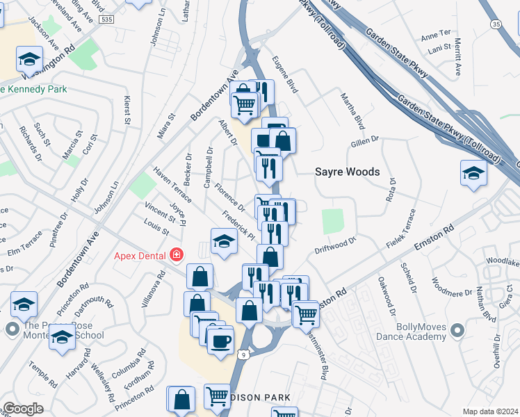 map of restaurants, bars, coffee shops, grocery stores, and more near 103 Albert Drive in Sayreville