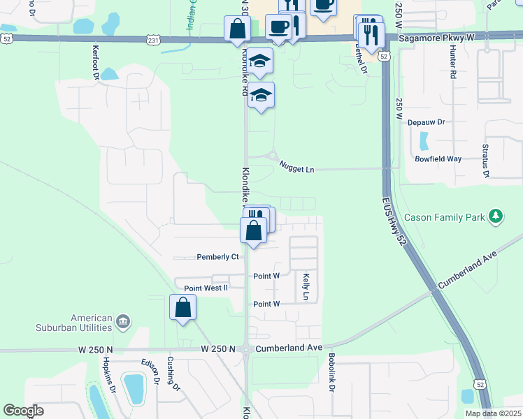 map of restaurants, bars, coffee shops, grocery stores, and more near 2899 Klondike Road in West Lafayette