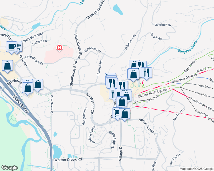 map of restaurants, bars, coffee shops, grocery stores, and more near 2300 Mount Werner Circle in Steamboat Springs
