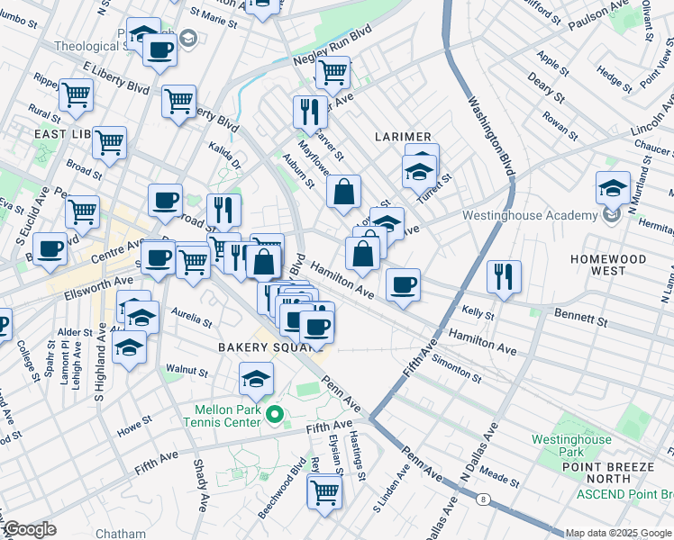 map of restaurants, bars, coffee shops, grocery stores, and more near 6503 Hamilton Ave in Pittsburgh