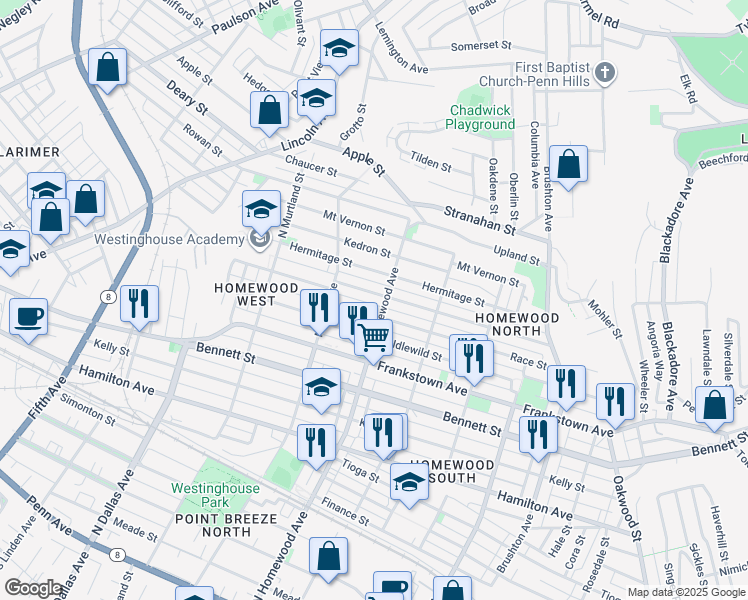 map of restaurants, bars, coffee shops, grocery stores, and more near 7148 Monticello Street in Pittsburgh