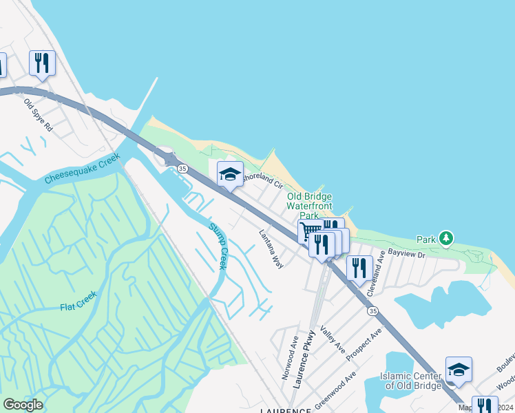 map of restaurants, bars, coffee shops, grocery stores, and more near 369 Shoreland Circle in Old Bridge