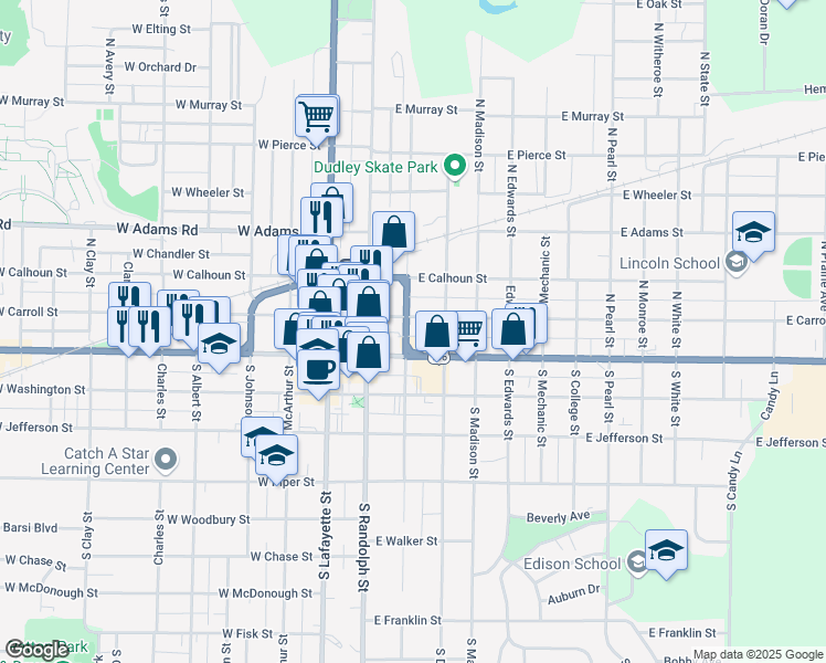 map of restaurants, bars, coffee shops, grocery stores, and more near 119 North Campbell Street in Macomb