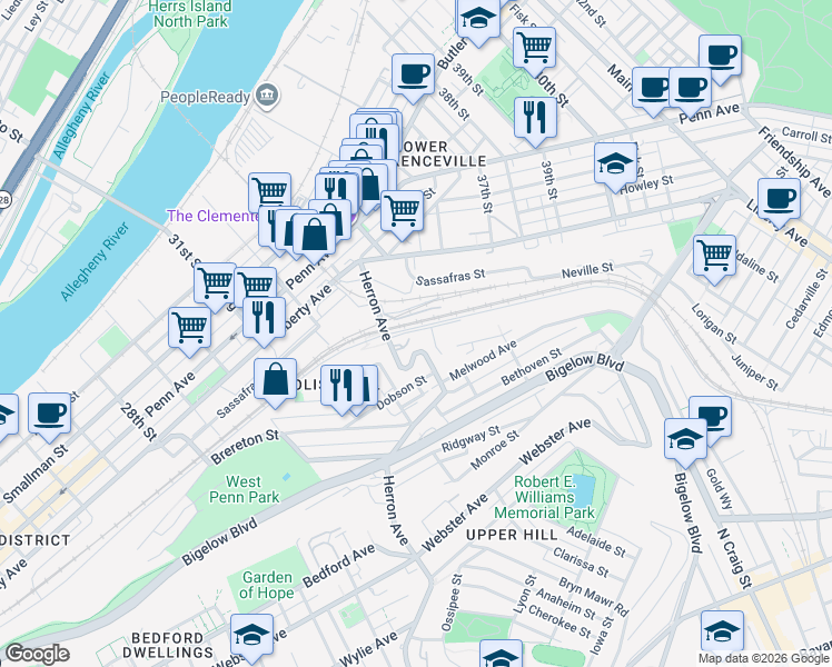 map of restaurants, bars, coffee shops, grocery stores, and more near 3310 Ruthven Street in Pittsburgh