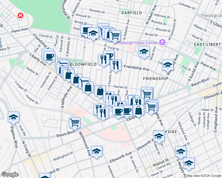 map of restaurants, bars, coffee shops, grocery stores, and more near 408 South Pacific Avenue in Pittsburgh