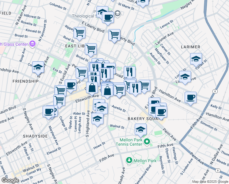 map of restaurants, bars, coffee shops, grocery stores, and more near 103 Shady Avenue in Pittsburgh