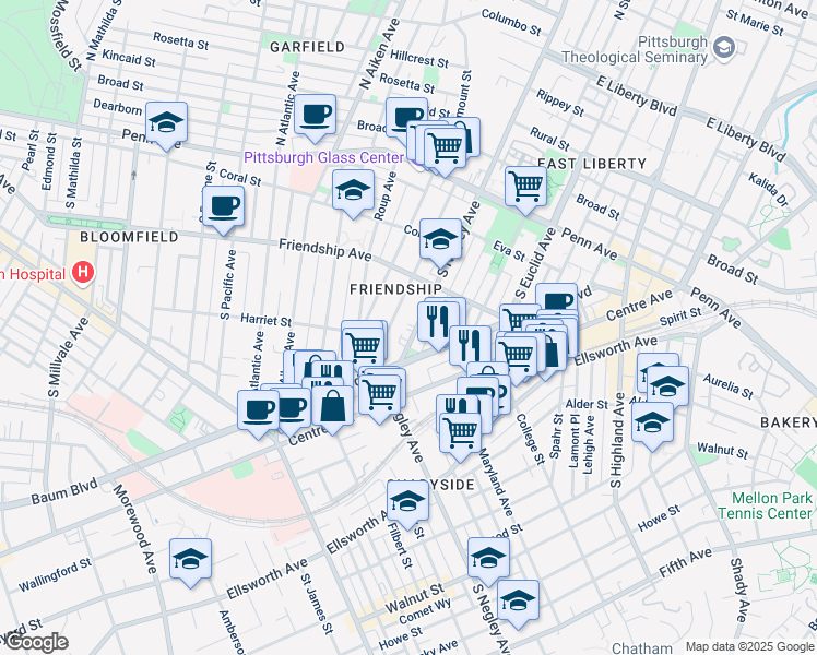 map of restaurants, bars, coffee shops, grocery stores, and more near 358 South Negley Avenue in Pittsburgh
