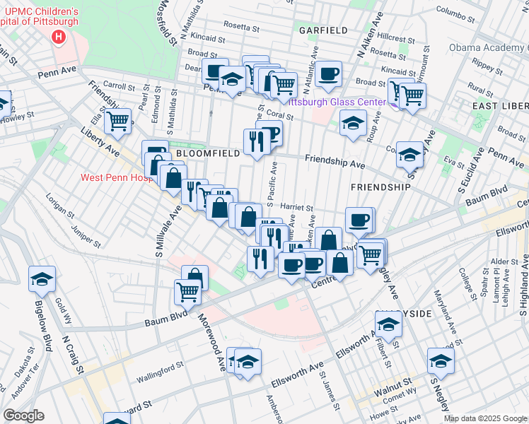 map of restaurants, bars, coffee shops, grocery stores, and more near 408 South Pacific Avenue in Pittsburgh