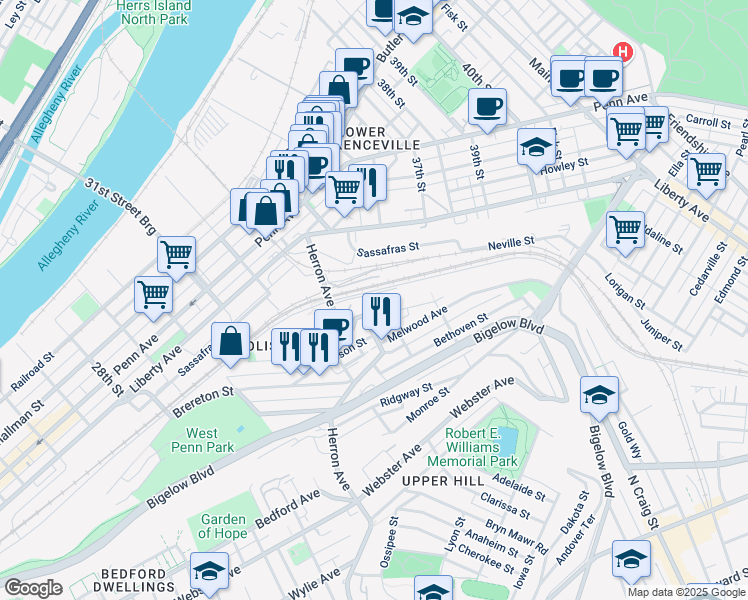 map of restaurants, bars, coffee shops, grocery stores, and more near 3404 Ruthven Street in Pittsburgh