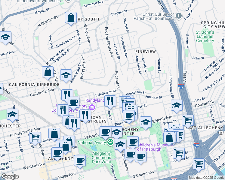 map of restaurants, bars, coffee shops, grocery stores, and more near 124 East Jefferson Street in Pittsburgh