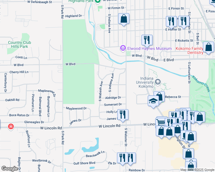 map of restaurants, bars, coffee shops, grocery stores, and more near 2301 South Indiana Avenue in Kokomo