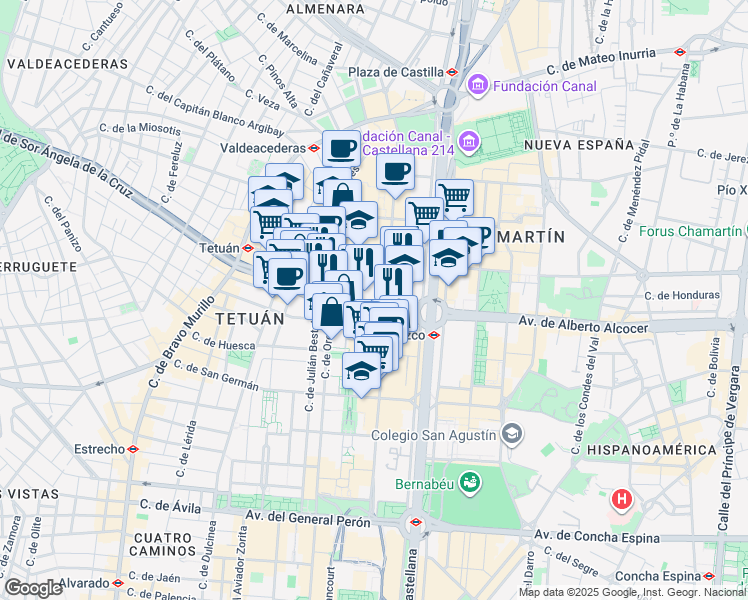 map of restaurants, bars, coffee shops, grocery stores, and more near 6 Calle de Sor Ángela de la Cruz in Madrid