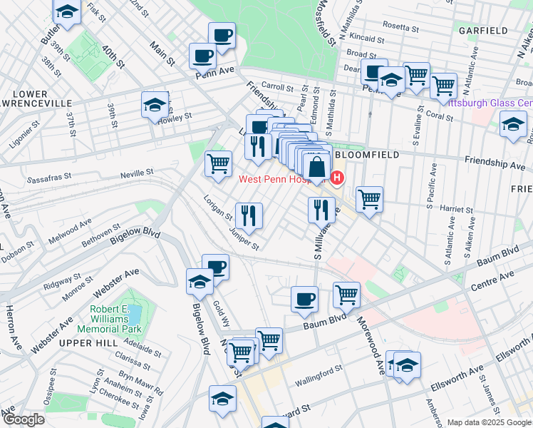 map of restaurants, bars, coffee shops, grocery stores, and more near 437 Cedarville Street in Pittsburgh