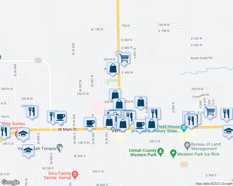 map of restaurants, bars, coffee shops, grocery stores, and more near 271 North Vernal Avenue in Vernal