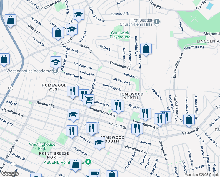 map of restaurants, bars, coffee shops, grocery stores, and more near 7306 Hermitage Street in Pittsburgh
